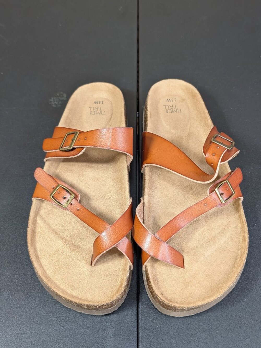 Time and Tru Strappy Tan Leather Slide Sandals Size 11W